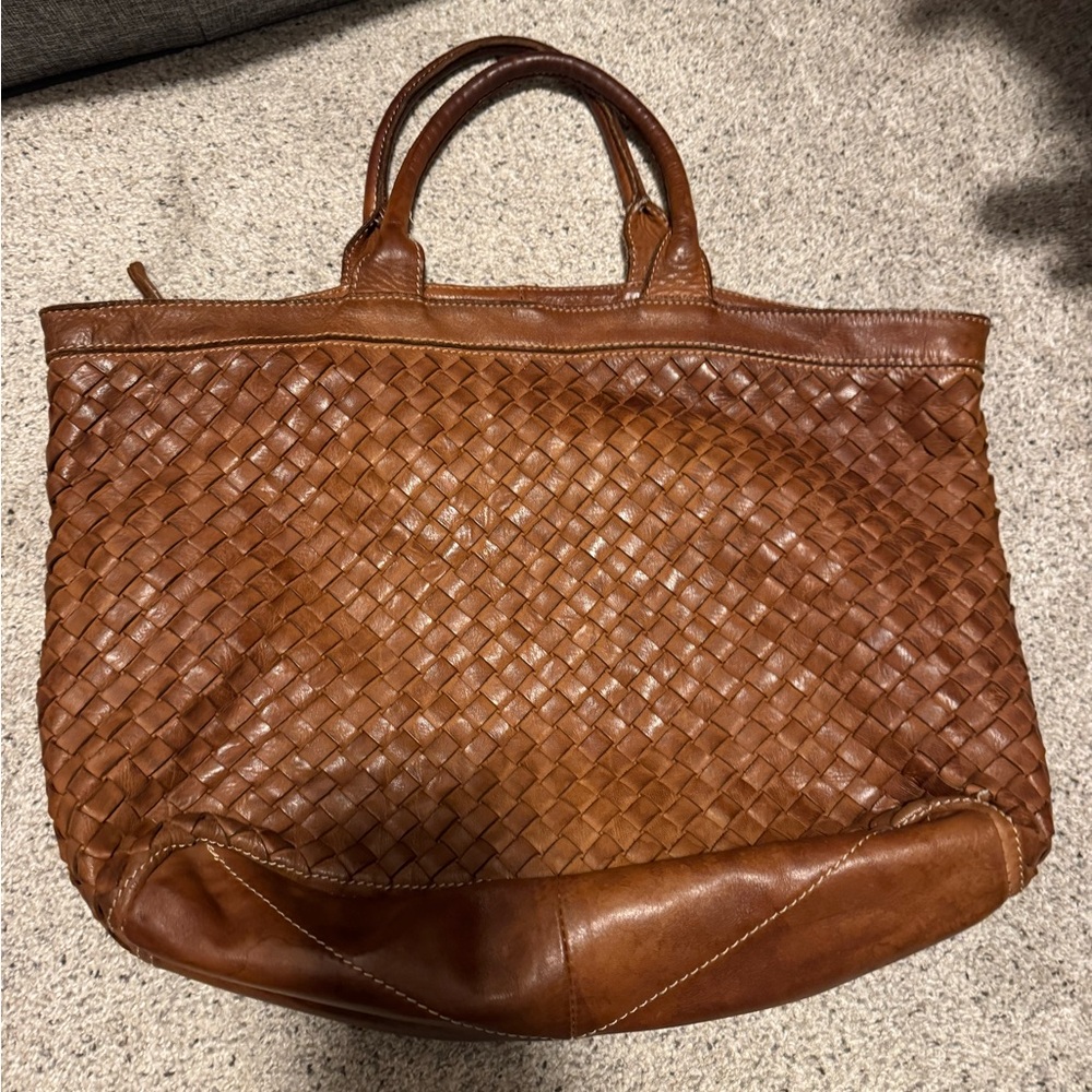 Brown woven Leather Tote with Zipper